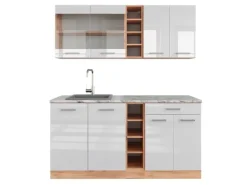 Vicco R-Line Singleküche Weiß Hochglanz/Goldkraft Eiche 160 cm AP Marmor ohne E-Geräte