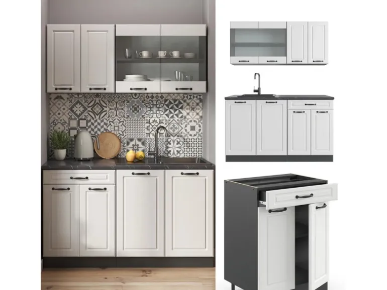Vicco R-Line Singleküche Weiß Landhaus/Anthrazit 140 cm ohne Arbeitsplatte ohne E-Geräte