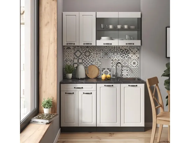 Vicco R-Line Singleküche Weiß Landhaus/Anthrazit 140 cm ohne Arbeitsplatte ohne E-Geräte