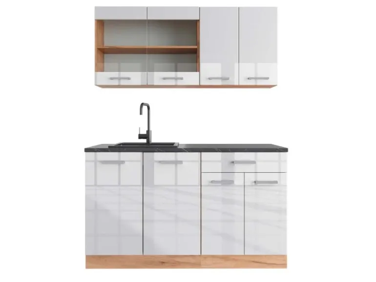 Vicco R-Line Singleküche Weiß Hochglanz/Goldkraft Eiche 140 cm AP Anthrazit ohne E-Geräte