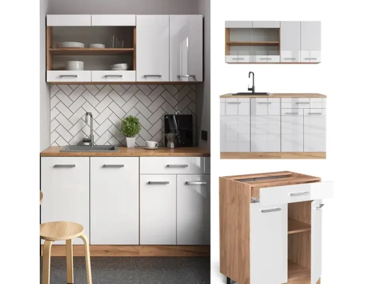 Vicco R-Line Singleküche Weiß Hochglanz/Goldkraft Eiche 140 cm AP Anthrazit ohne E-Geräte