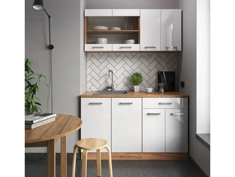 Vicco R-Line Singleküche Weiß Hochglanz/Goldkraft Eiche 140 cm AP Anthrazit ohne E-Geräte