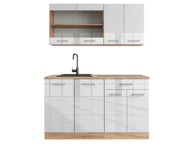 Vicco R-Line Singleküche Weiß Hochglanz/Goldkraft Eiche 140 cm AP Eiche ohne E-Geräte