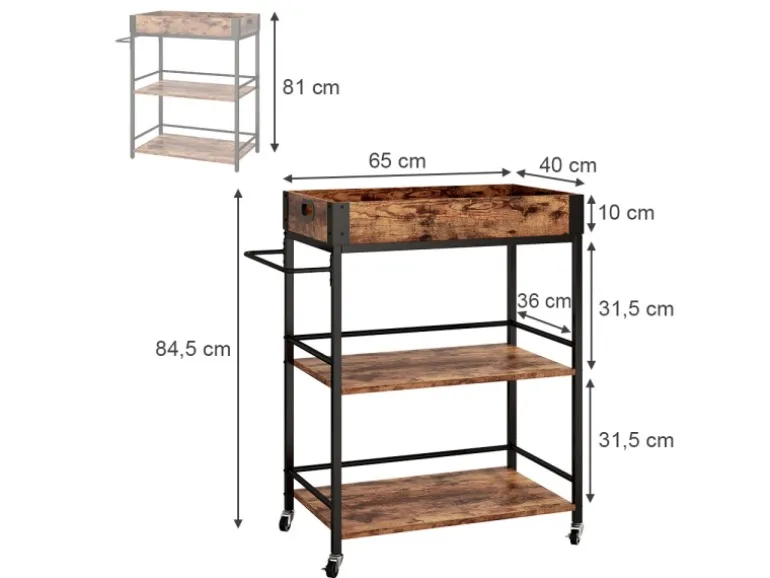 Vicco Servierwagen Fyrk Rollbare Küchen-Minibar Eiche Rustikal 65x85 cm