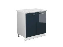 Vicco Spülenunterschrank Fame-Line Dunkelblau Hochglanz/Weiß 80 cm mit Regal AP Marmor