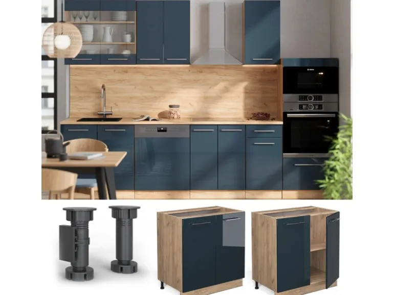 Vicco Spülenunterschrank Fame-Line Dunkelblau Hochglanz/Goldkraft Eiche 80 cm mit Regal ohne Arbeitsplatte