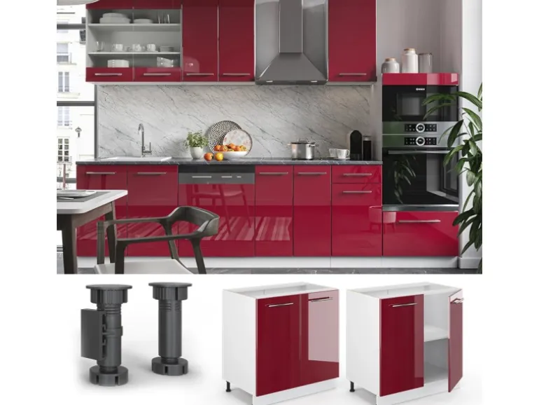 Vicco Spülenunterschrank Fame-Line Bordeaux Hochglanz/Weiß 80 cm mit Regal AP Marmor