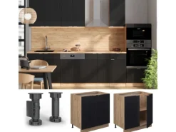 Vicco Spülenunterschrank Fame-Line Schwarz Gestreift 80 cm mit Regal AP Marmor mit Goldkraft Eiche Korpus