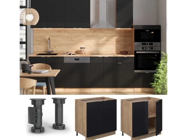 Vicco Spülenunterschrank Fame-Line Schwarz Gestreift 80 cm mit Regal AP Marmor mit Goldkraft Eiche Korpus