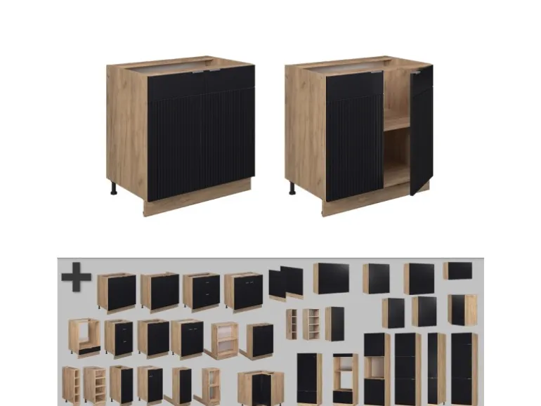 Vicco Spülenunterschrank Fame-Line Schwarz Gestreift 80 cm mit Regal AP Marmor mit Goldkraft Eiche Korpus