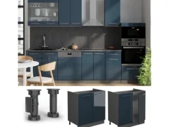 Vicco Spülenunterschrank Fame-Line Dunkelblau Hochglanz/Anthrazit 80 cm AP Eiche