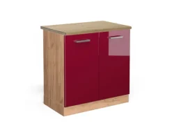 Vicco Spülenunterschrank R-Line Bordeaux Hochglanz/Goldkraft Eiche 80 cm AP Eiche