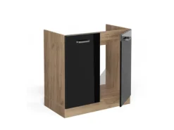 Vicco Spülenunterschrank R-Line Schwarz Hochglanz/Goldkraft Eiche 80 cm AP Eiche