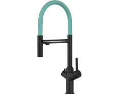 VIZIO 4 Wege Wasserhahn Küchenarmatur BOD mit 360° Schwenkbarem Auslauf Abnehmbare 2 Strahl Handbrause Schwarz Matt   Türkis