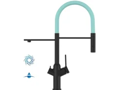 VIZIO 4 Wege Wasserhahn Küchenarmatur BOD mit 360° Schwenkbarem Auslauf Abnehmbare 2 Strahl Handbrause Schwarz Matt   Türkis
