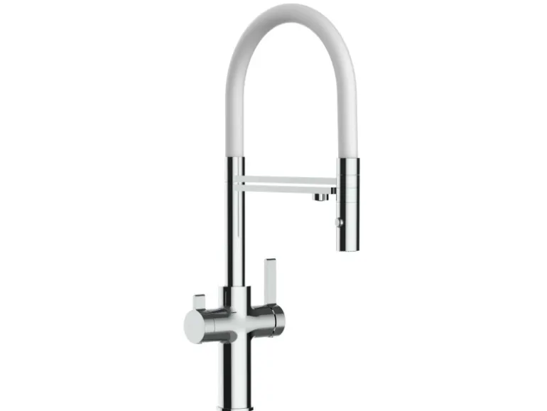 VIZIO 3 Wege Wasserhahn Küchenarmatur FC mit 360° Schwenkbarem Auslauf Abnehmbare 2 Strahl Handbrause Verchromt Weiß