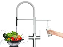 VIZIO 3 Wege Wasserhahn Küchenarmatur FC mit 360° Schwenkbarem Auslauf Abnehmbare 2 Strahl Handbrause Verchromt Weiß