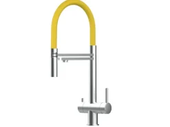 VIZIO 3 Wege Wasserhahn Küchenarmatur Edelstahl Massiv mit 360° Schwenkbarem Auslauf Abnehmbare 2 Strahl Handbrause Gebürstet   Gelb