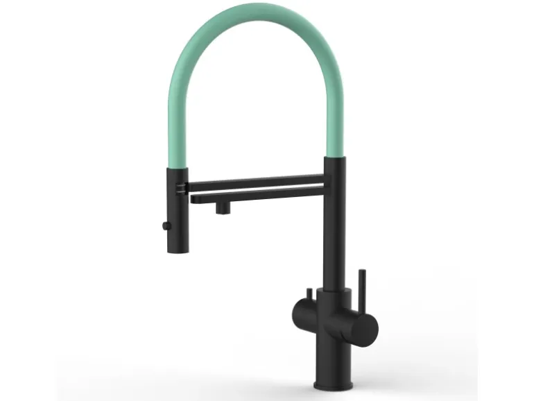 VIZIO 5 Wege Wasserhahn Küchenarmatur Edelstahl Massiv mit 360° Schwenkbarem Auslauf Abnehmbare 2 Strahl Handbrause PVD Schwarz Matt Türkis