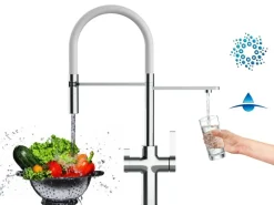 VIZIO 4 Wege Wasserhahn Küchenarmatur FC mit 360° Schwenkbarem Auslauf Abnehmbare 2 Strahl Handbrause Verchromt   Weiß