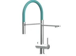 VIZIO 3 Wege Wasserhahn Küchenarmatur Edelstahl Massiv mit 360° Schwenkbarem Auslauf Abnehmbare 2 Strahl Handbrause Gebürstet   Türkis