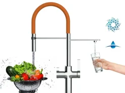 VIZIO 4 Wege Wasserhahn Küchenarmatur FC mit 360° Schwenkbarem Auslauf Abnehmbare 2 Strahl Handbrause Verchromt   Orange
