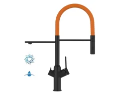 VIZIO 4 Wege Wasserhahn Küchenarmatur BOD mit 360° Schwenkbarem Auslauf Abnehmbare 2 Strahl Handbrause Schwarz Matt   Orange