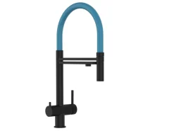 VIZIO 3 Wege Wasserhahn Küchenarmatur Edelstahl Massiv mit 360° Schwenkbarem Auslauf und Abnehmbare 2 Strahl Handbrause PVD Schwarz Matt   Hellblau