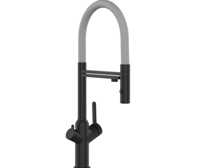 VIZIO 4 Wege Wasserhahn Küchenarmatur BOD mit 360° Schwenkbarem Auslauf Abnehmbare 2 Strahl Handbrause Schwarz Matt Grau