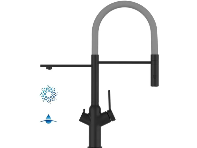 VIZIO 4 Wege Wasserhahn Küchenarmatur BOD mit 360° Schwenkbarem Auslauf Abnehmbare 2 Strahl Handbrause Schwarz Matt Grau