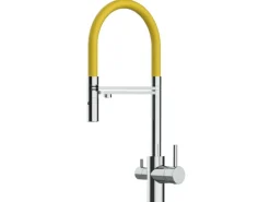 VIZIO 3 Wege Wasserhahn Küchenarmatur FL mit 360° Schwenkbarem Auslauf Abnehmbare 2 Strahl Handbrause Verchromt   Gelb