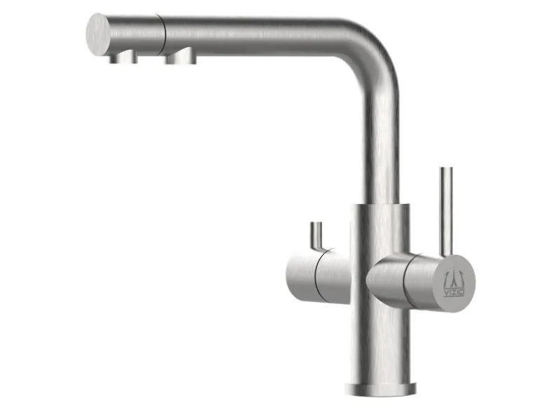 VIZIO 4 Wege Wasserhahn Küchenarmatur Edelstahl Massiv mit Schwenkbarem L Auslauf und Herausziehbarer Brause Gebürstet