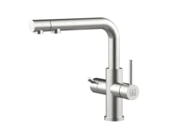 VIZIO 4 Wege Wasserhahn Küchenarmatur Edelstahl Massiv mit Schwenkbarem L Auslauf und Herausziehbarer Brause Gebürstet