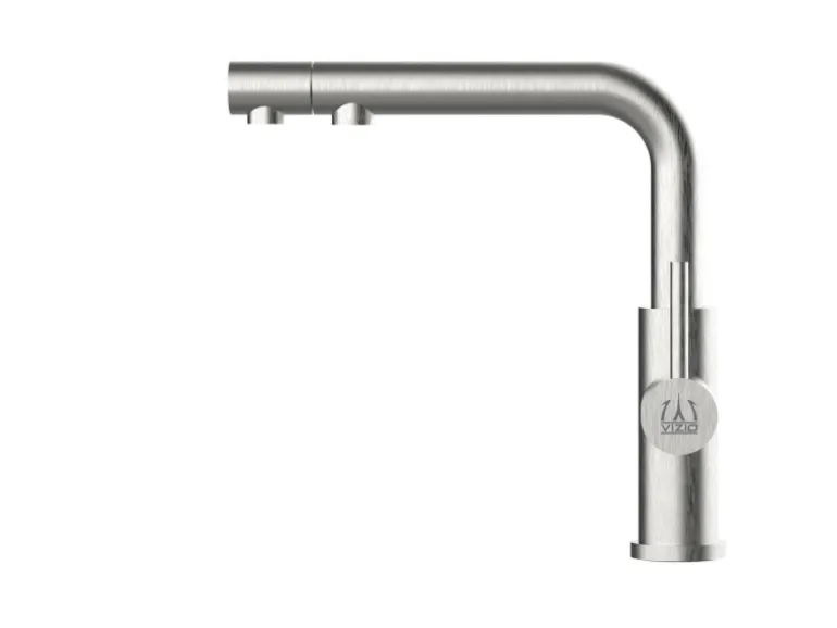 VIZIO 4 Wege Wasserhahn Küchenarmatur Edelstahl Massiv mit Schwenkbarem L Auslauf und Herausziehbarer Brause Gebürstet