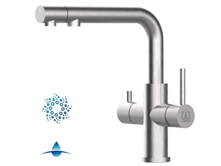 VIZIO 4 Wege Wasserhahn Küchenarmatur Edelstahl Massiv mit Schwenkbarem L Auslauf und Herausziehbarer Brause Gebürstet