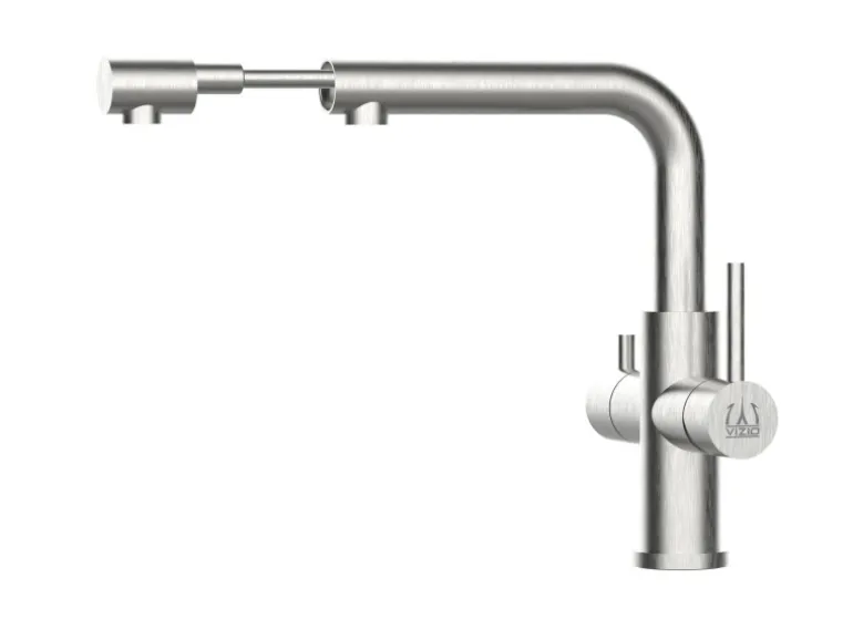 VIZIO 4 Wege Wasserhahn Küchenarmatur Edelstahl Massiv mit Schwenkbarem L Auslauf und Herausziehbarer Brause Gebürstet