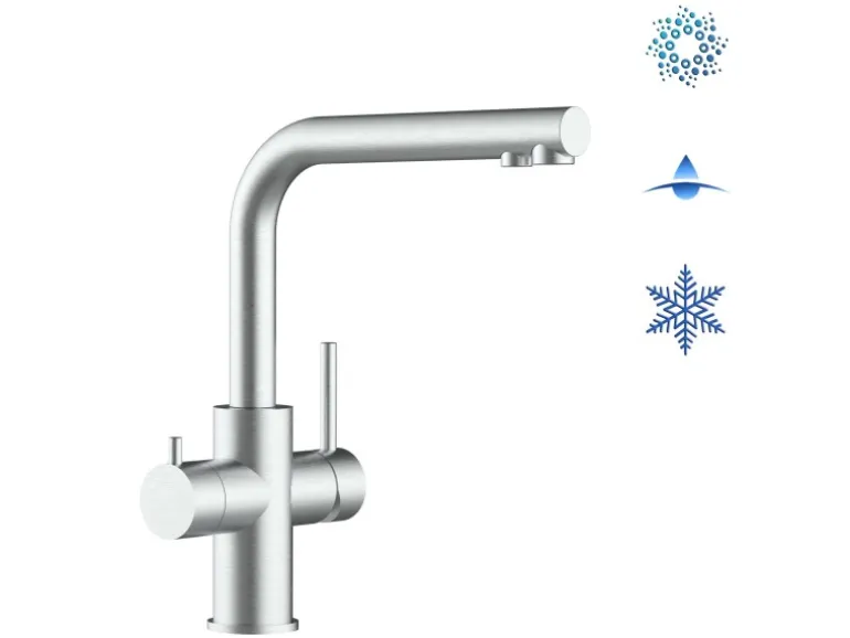 VIZIO Kurzversion 5 Wege Wasserhahn Küchenarmatur Edelstahl Massiv mit 360° Schwenkbarem L Auslauf Gebürstet