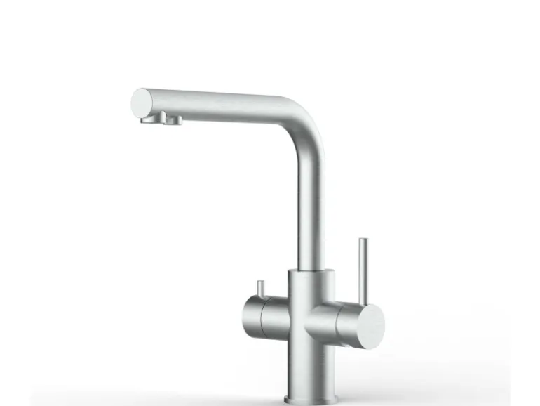 VIZIO Kurzversion 5 Wege Wasserhahn Küchenarmatur Edelstahl Massiv mit 360° Schwenkbarem L Auslauf Gebürstet