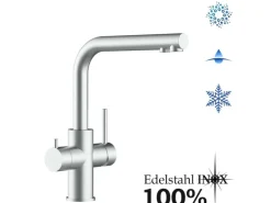 VIZIO Kurzversion 5 Wege Wasserhahn Küchenarmatur Edelstahl Massiv mit 360° Schwenkbarem L Auslauf Gebürstet