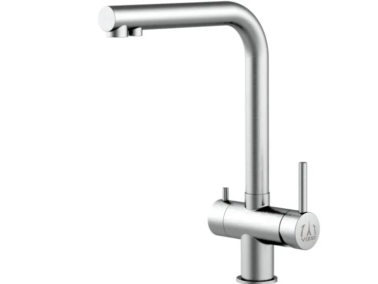 VIZIO NIEDERDRUCK 3 Wege Wasserhahn Küchenarmatur Edelstahl Massiv 360° Schwenkbarem L Auslauf Edelstahl Gebürstet
