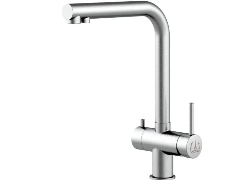 VIZIO NIEDERDRUCK 3 Wege Wasserhahn Küchenarmatur Edelstahl Massiv 360° Schwenkbarem L Auslauf Edelstahl Gebürstet