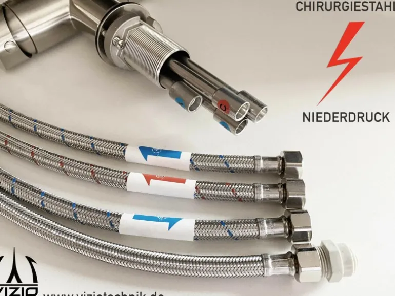 VIZIO NIEDERDRUCK 3 Wege Wasserhahn Küchenarmatur Edelstahl Massiv 360° Schwenkbarem L Auslauf Edelstahl Gebürstet