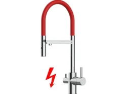 VIZIO NIEDERDRUCK 3 Wege Wasserhahn Küchenarmatur FL mit 360° Schwenkbarem Auslauf Abnehmbare 2 Strahl Handbrause Verchromt   Rot