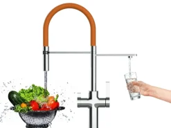 VIZIO NIEDERDRUCK 3 Wege Wasserhahn Küchenarmatur FC mit 360° Schwenkbarem Auslauf Abnehmbare 2 Strahl Handbrause Verchromt   Orange