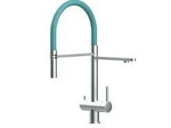 VIZIO Niederdruck 3 Wege Wasserhahn Küchenarmatur Edelstahl Massiv mit 360° Schwenkbarem Auslauf Abnehmbare 2 Strahl Handbrause Gebürstet   Türkis