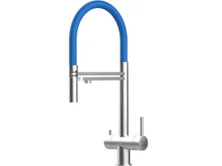 VIZIO NIEDERDRUCK 3 Wege Wasserhahn Küchenarmatur Edelstahl Massiv mit 360° Schwenkbarem Auslauf Abnehmbare 2 Strahl Handbrause Gebürstet   Blau