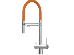 VIZIO NIEDERDRUCK 3 Wege Wasserhahn Küchenarmatur Edelstahl Massiv mit 360° Schwenkbarem Auslauf Abnehmbare 2 Strahl Handbrause Gebürstet   Orange
