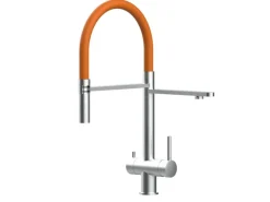 VIZIO NIEDERDRUCK 3 Wege Wasserhahn Küchenarmatur Edelstahl Massiv mit 360° Schwenkbarem Auslauf Abnehmbare 2 Strahl Handbrause Gebürstet   Orange