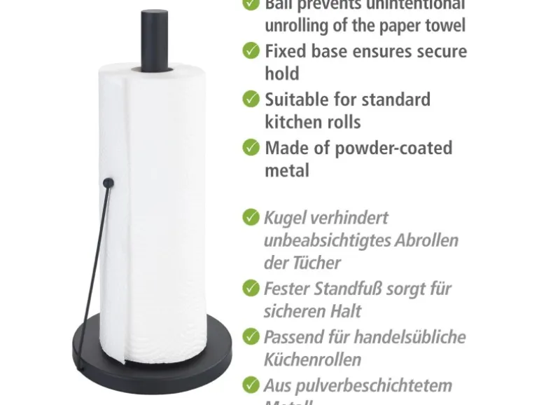 Wenko Küchenrollenhalter Clayton Pulverbeschichtetes Metall Ø 15 x 33 cm Schwarz